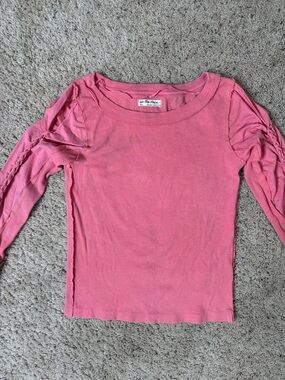 We The Free Pink womens Long Sleeve Ribbed Top with Gathered Sleeves S